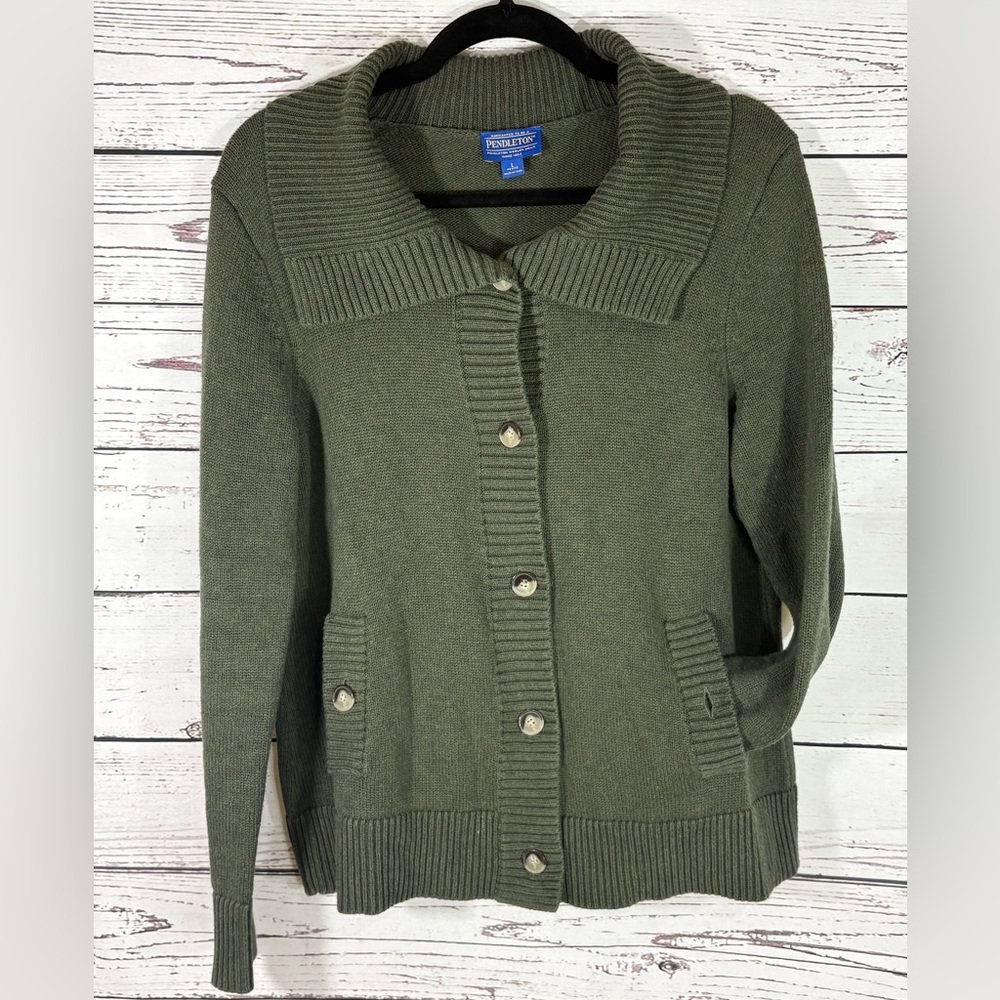 Pendleton Olive Shawl-Collar Ribbed Vintage Granny Cardigan in Size Large Petite - Picture 3 of 6